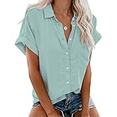 Womens Short Sleeve Casual Button Down Shirts Summer Soft Fashion Cotton Blouses Tops with Pocket