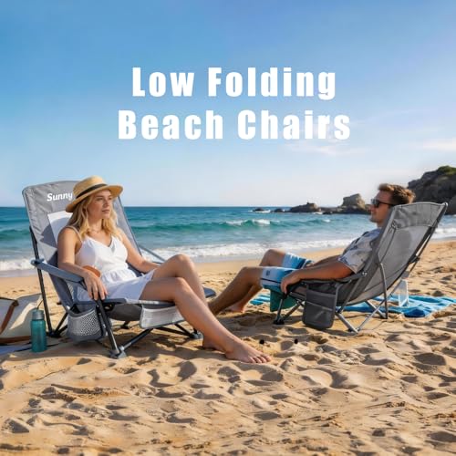 SUNNYFEEL Folding Low Camping Beach Chair 2 Pack, Lightweight Portable Lawn Chair with Mesh Back, Cup Holder for Outdoor/Travel/Picnic/Concert, Foldable Camp Backpack Chair with Carry Bag