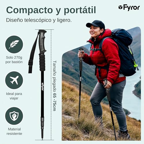 Fyror® 2 x telescopic trekking poles 62-135 cm with anti-shock system. Includes bag and accessories. Hiking sticks, ideal for the Camino de Santiago.