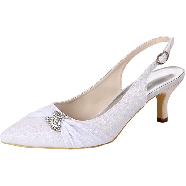 Women's Pointed Toe Wedding Pumps - Satin Slingback Kitten Heels With Rhinestones, 6CM Heel