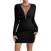 OYOANGLE Women's Contrast Mesh Long Sleeve Bodycon Dress Party Night Out Dresses