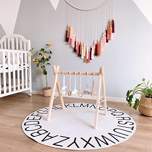 AM ANNA Wooden Baby Gym with 6 Wooden Baby Gym Hanging Toys, Foldable Wooden Activity Baby Play Gym Hanging Bar Newborn Gift Baby Girl and Boy Gym (Natural Color with 6 Hanging Toys)