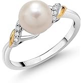 Gem Stone King Cultured Freshwater Pearl and Lab Grown Diamond Ring for Women | 925 Sterling Silver and 10K Yellow Gold | Round 7-7.5MM Pearl