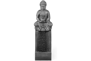 LUXENHÖME LuxenHome Resin Meditating Buddha on Column Patio Fountain with LED Lights, Zen Water Fountain Decor for Garden Fold Court Backyard Deck, 35 Inch, Gray
