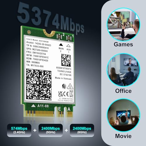 Placa sem fio WiFi 6E Intel AX210NGW, Bluetooth 5.3 Tri-Band 5400Mbps M.2/NGFF para PC Laptop AX210 placa de rede compatível com Windows 10/11 (64 bits)