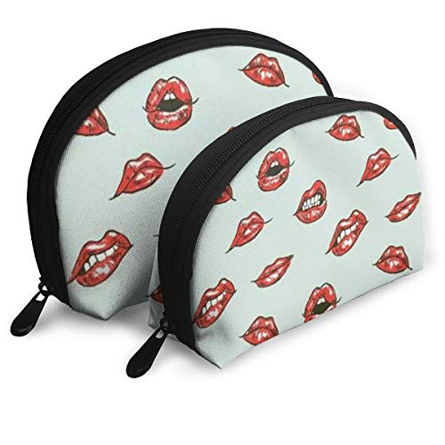Red Lips Action Pattern Cosmetic Bag - 2 Piece Set Makeup Travel Pencil Pen Case Storage Portable