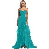 Breydcc Strapless Prom Dresses Chiffon Long Gown with Slit Tiered Ruffles Formal Evening Party Dress