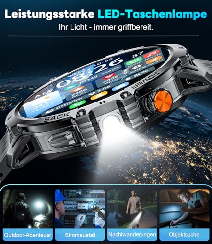 LIGE Military Smartwatch Men - 1000 mAh/1.85 Inch HD Large Touch Screen/LED Light, Fitness Watch with 110+ Sports Modes, Heart/Sleep Tracking, 2 Bracelets, IP68 Waterproof, Sports Watch for iOS/Android, Black