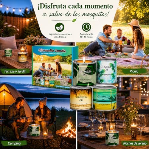 Paquete Grandes Juego de 4 Velas Citronela para Interior y Exterior Velas de Citronela Cera de Soja en Latas con Tapa 200 Horas de Combustión Regalo para Bodas,Cumpleaños,Jardín,Camping o Fiestas