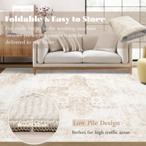 VECARF Area Rug 8x10 Washable Rug, Vintage Boho Medallion Rugs Non-Slip Soft Low Pile Large Distressed Rug Indoor Retro Carpet for Living Room Bedroom Dining Room Office Children's Room(Beige, 8'x10')