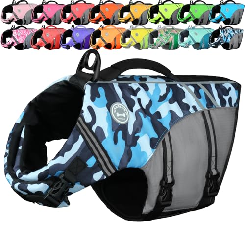 VIVAGLORY Sports Style Dog Life Jacket, Dog Buoyancy Jacket for Swimming & Boating, Ripstop & Buoyancy for Doggy, Life Vest with Handle, L, Camo Blue