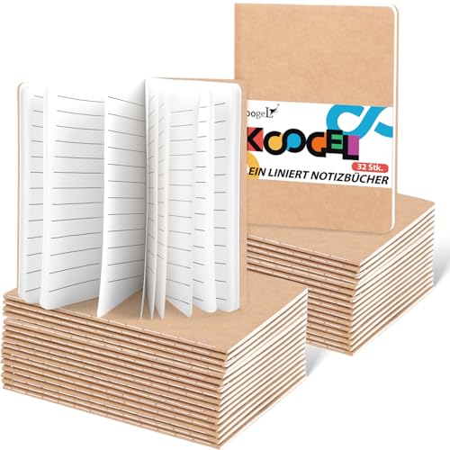 Koogel 32 Stück Klein Liniert Notizbücher, Notizbuch Journal Tagebuch Notizblöcke Schulhefte 13 x 9cm Notizbücher mit Kraftpapier-Einband Braun