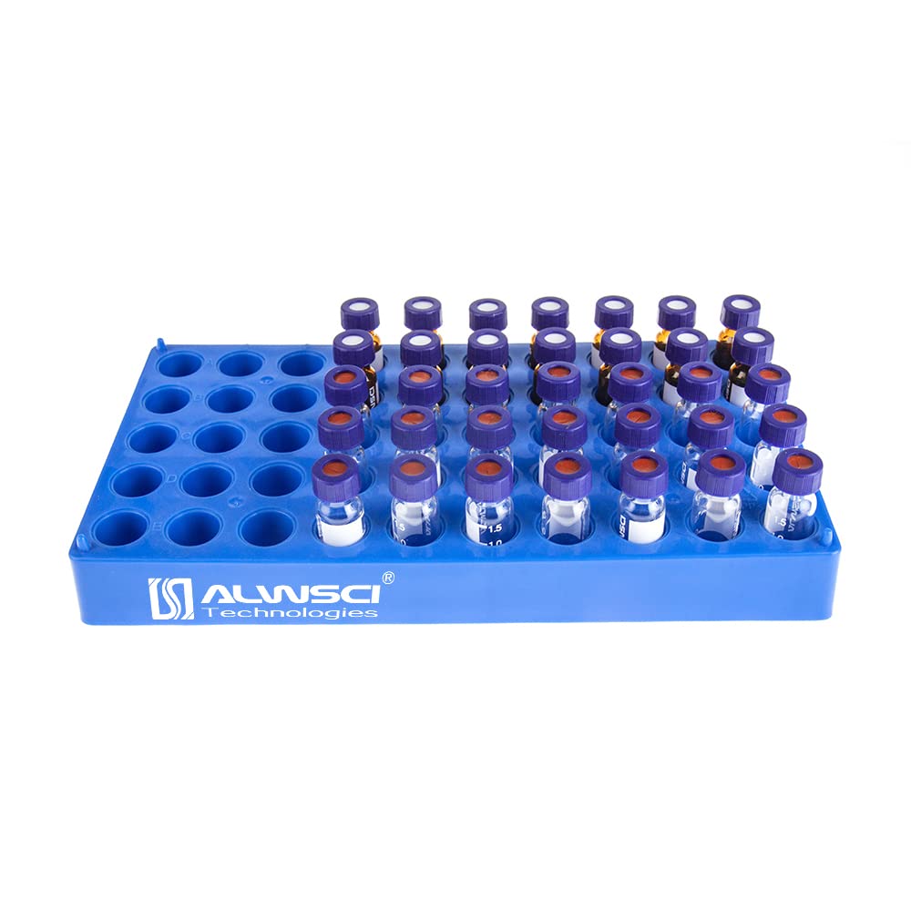 Photo 1 of (1 Pack) ALWSCI Vial Rack, Lab HPLC Vial Holder, 12 mm Vial Tray Holder 50 Well Stackable, Blue Tube Rack for 2 ml Autosampler Vial