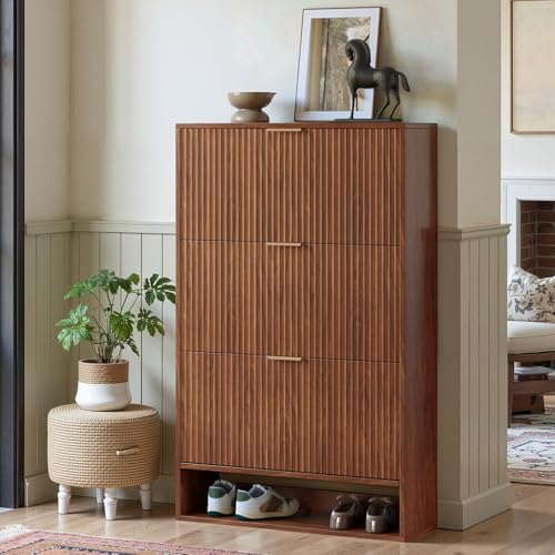 Hootata Walnut Tall Shoe Storage Cabinet for Entryway with 3 Flip Drawers, Narr…