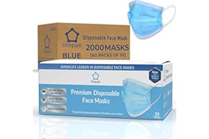Litepak 2000pcs Disposable Face Masks Black 3-Ply Adult Mask Nose Wire Protection - Breathable Protective Face Covering