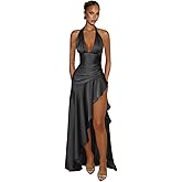 XONHS Satin Spaghetti Straps Prom Dresses with Slit for Women 2026 Halter Mermaid High Low Formal Ball Gown for Wedding