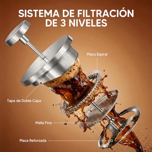 KAMYSEN Prensa Francesa, 1000ml Cafetera de Acero Inoxidable de Doble Pared | 3pcs Filtro de Repuesto, 1pc Cucharas de Acero Inoxidable, 1pc Brocha de Esponja