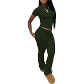Women's 2 Piece Lounge Sets Crop High Wasit Foldover Flare Leggings Pants Casual Workout Outfits Tracksuit