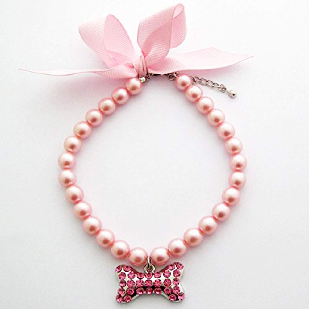 PetFavorites(TM) Couture Designer Fancy Pearls Crystal Pet Cat Dog Necklace Jewelry with Bling Rhinestones Big Bone Charm for Pets Cats Small Dogs Female Puppy Chihuahua Yorkies Girl Costume Outfits, Adjustable and Handmade (Pink, Neck Size: 8"-10")
