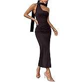 GORGLITTER Women's Formal One Shoulder Dresses Ruched Sleeveless Party Evening Maxi Dress with Scarf
