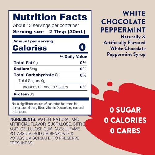 JORDAN’S SKINNY MIXES SUGAR FREE COFFEE SYRUP, WHITE CHOCOLATE PEPPERMINT COFFEE FLAVORING SYRUP, ZERO CALORIE DRINK MIX FOR LATTES, BAKING, PROTEIN SHAKE, DAIRY & GLUTEN FREE, KOSHER, 25.4 FL OZ