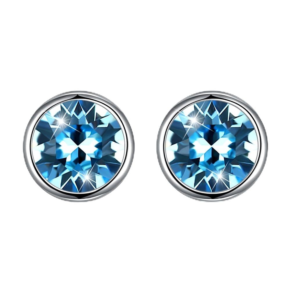 Hanie Silver Stud Earrings for Women, 925 Sterling Silver Crystal Studs Earrings, 8mm Blue Round Small Sleeper Earrings, Unisex Allergen-Free Jewellery for Women Men Girls Boys
