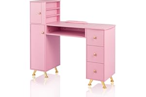 LUXMARS Manicure Table Nail Desk for Technician w/Wrist Rest & Plastic Table Mat, Acetone Resistant Nail Table Station w/Large Capacity Storage Space, for Home Spa Beauty Pink