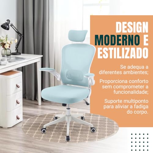 Cadeira Ergonômica Eurynom, Giratória, para Escritório e Home Office, com Encosto Reclinável (Modo Balanço), Braços Pivotantes, Apoio de Cabeça, Apoio Lombar (Azul Esverdeado)