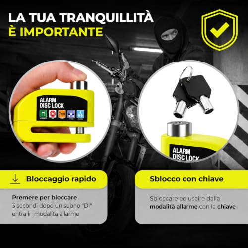Hiridi - Bloccadisco Moto Lucchetto Moto Antifurto con Allarme Sonoro 110DB Sensori Movimento - Impermeabile Resistente - Blocco Pressione 7mm con Accessori - 1,5 m Cavo Promemoria - Lucchetto Borsa.