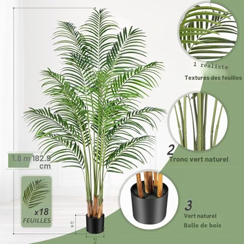 Keeplush Artificial Areca Palm Tree 180 cm Artificial Plant for Indoor and Outdoor Use in Plastic Potted Tree Living Room Balcony Bedroom Green Decoration (1 Pack)