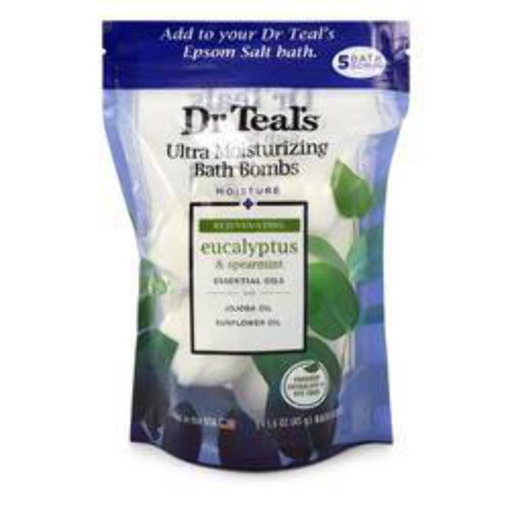 Dr Teal's Dr Teal's Ultra Moisturizing Bath Bombs Five (5) Moisture Rejuvinating Bath Bombs with Eucalyptus & Spearmint, Essential Oils, Jojoba Oil, Sunflower Oil (Unisex) 50ml
