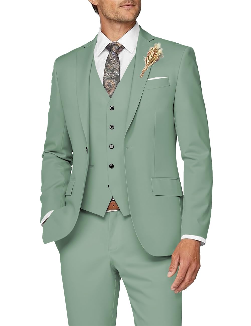Photo 1 of Wangyue 3 Piece Suits for Men Slim Fit Sage Green Suit Wedding Prom Tuxedo for Men Dinner Party Suits, S