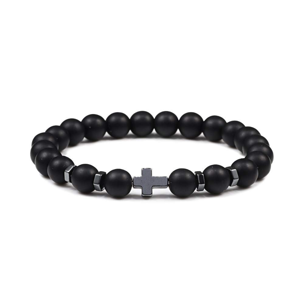 COJJ Hot Men Natural Lava Stone Bead Obsidian Bracelets Cross Rosary Meditation Prayer Jesus Turquoise Bracelet Women Yoga Jewelry,Matte Black,Adjustable