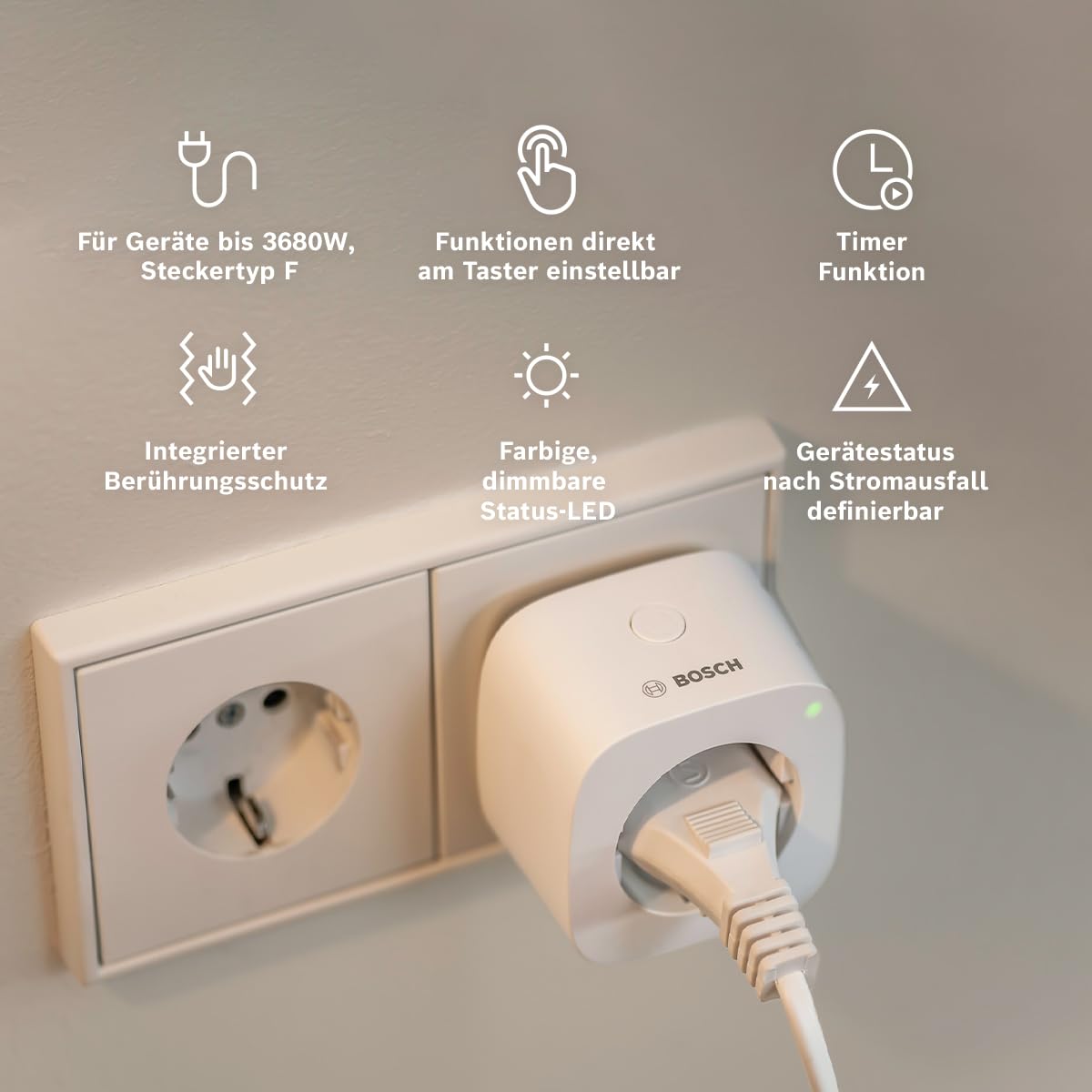 Bosch Smart Home Zwischenstecker Kompakt [+M], smarte Steckdose mit Matter, Stromverbrauch messen & Energiekosten senken, App- & Sprachsteuerung, Apple Home, Google Home & Alexa kompatibel 2
