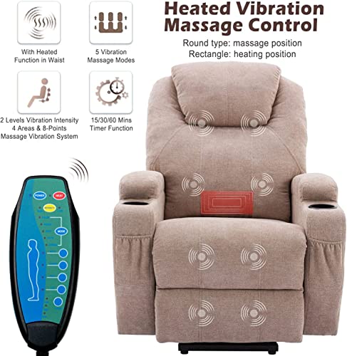 Power Lift Recliner Chair Massage Chair for Elderly, Electric Lift Chair with Heat and Massage, Fabric Recliner Sofa with 2 Cup Holders, Side Pockets & Remote Control for Living Room (Light Brown)