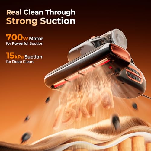 JIGOO T600 Anti-dust Vacuum Cleaner for Mattresses with UV Light and Vibration, 700W 15kpa Eliminates 99.9%, LED Display, 5s Fast Heating Dust Collector, Silent Design 72dB without Noise
