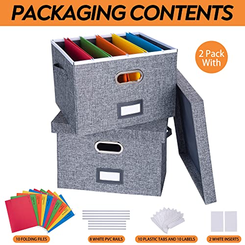 File Organizer Box with Lid 2 Pack Collapsible Decorative Linen Filing Boxes with Hanging