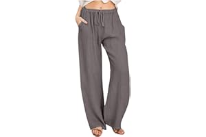 LEHOZIHEQ Women's Cotton Linen Palazzo Pants Summer Solid Trousers Elastic High Waist Wide Leg Pants with Pockets