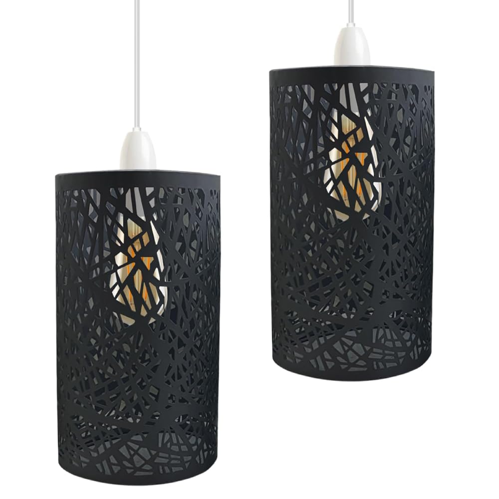 DC VOLTAGE 2 Pack of Pendant Light Shade Metal Drum Shaped Lampshade Industrial Easy fit Ceiling Indoor Wire cage Lampshade for Kitchen Living Room Corridor (Black) — image 1