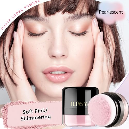 ROUSE Setting Powder Lightweight Loose Powder Finishing Powder Long-Lasting Face Powder Waterproof with Soft Mushroom Powder Puff & Mirror, Shimmery Finish,0.28 Oz (Soft Pink/Shimmering)