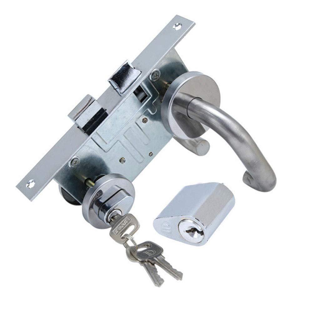 KAIISSA Stainless Steel Fire Door Lock Kit - Handle on Both Sides - Lock (DIN Left/Right Latch and Bolt in The Middle) - Profile Cylinder - Silver