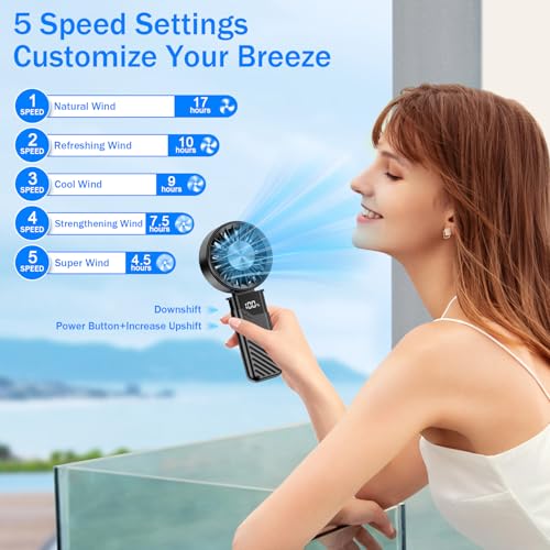 Feebee Portable Fan, Mini USB Hand Fan Small Portable Rechargeable Pocket Fan 5 Speed, 4000 mAh, Outdoor Battery Hand Fan for Office, Travel, Makeup, Camping (Black)