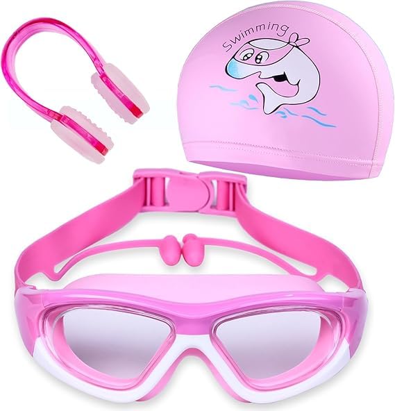 Kids Swimming Goggles with Swimming Cap, Anti-Fog No Leak Proof Waterproof Kids Swim Goggles with Soft Silicone, UV Protection Clear Vision Suitable for Kid 3-14 Boys and Girls