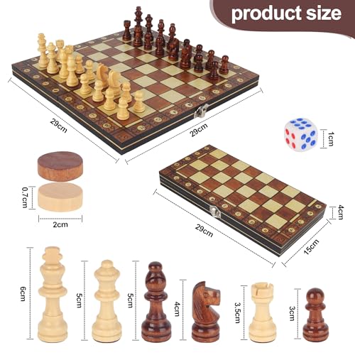 3 in 1 Wooden Chess Board, 29 x 29 cm, Wooden Chess Board, Handmade Travel Chess Board, Portable Chess Board, Ideal for Parties, Travel, Family Activities
