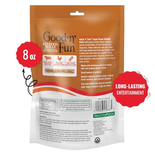 GOOD ‘N’ FUN TRIPLE FLAVOR STUFFED ROLLS WITH PEANUT BUTTER FLAVOR, 8 OUNCE, TREAT YOUR DOG TO LONG-LASTING RAWHIDE CHEWS