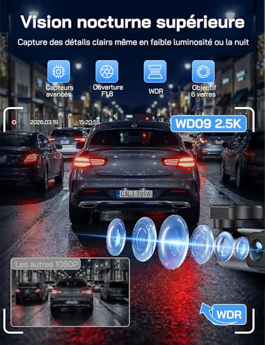 WOLFANG 2.5K Dashcam Voiture, 1440P WiFi Caméra Voiture avec App Contrôle, Mini Dash Cam Avant avec Grand Angle 170°, G-Capteur, Mode Stationnement 24H, Vision Nocturne, Enregistrement en Boucle