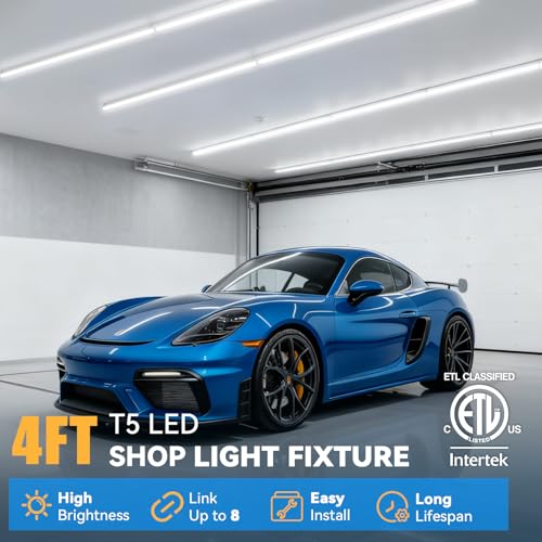 JESLED 10 Pack LED Shop Light 4FT, 20W, 2200LM, 6500K Super Bright White, T5 LED Tube for Garage, Workshop, Warehouse, 4 Foot Linkable Ceiling Lights, Plug and Play, ETL Listed