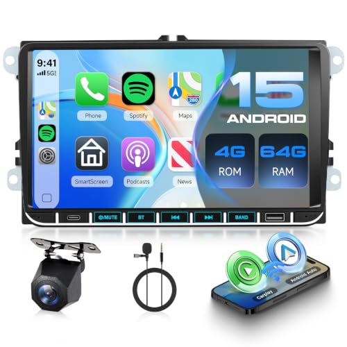 Motorsi Autoradio 4+64G con Carplay Wireless/Android Auto per VW Volkswagen Golf 5 6 Jetta Passat Tiguan Seat Touran Skoda ,con 9 “ HD Schermo Bluetooth/USB/Type-C/EQ,5G WiFi ,GPS ,telecamera