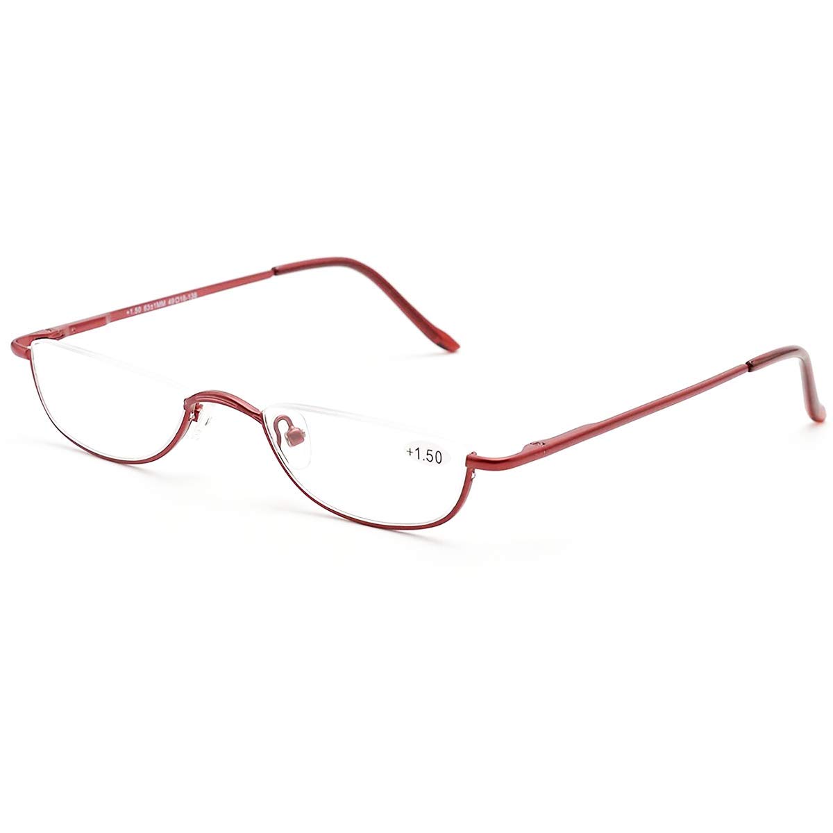 Half Frame Reading Glasses Spring Hinges for Men Women Slim Half Moon Lens Readers Metal Semi Rimless Eyewear(Red，+2.5)
