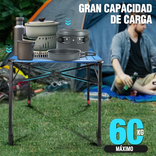 VILLEY Folding Table with Carry Bag, Portable Aluminium Folding Table, Height Adjustable Camping Table, Camping Table for Picnic, Fishing, Camping, Beach and Extrior, 70 x 70 x 78 cm